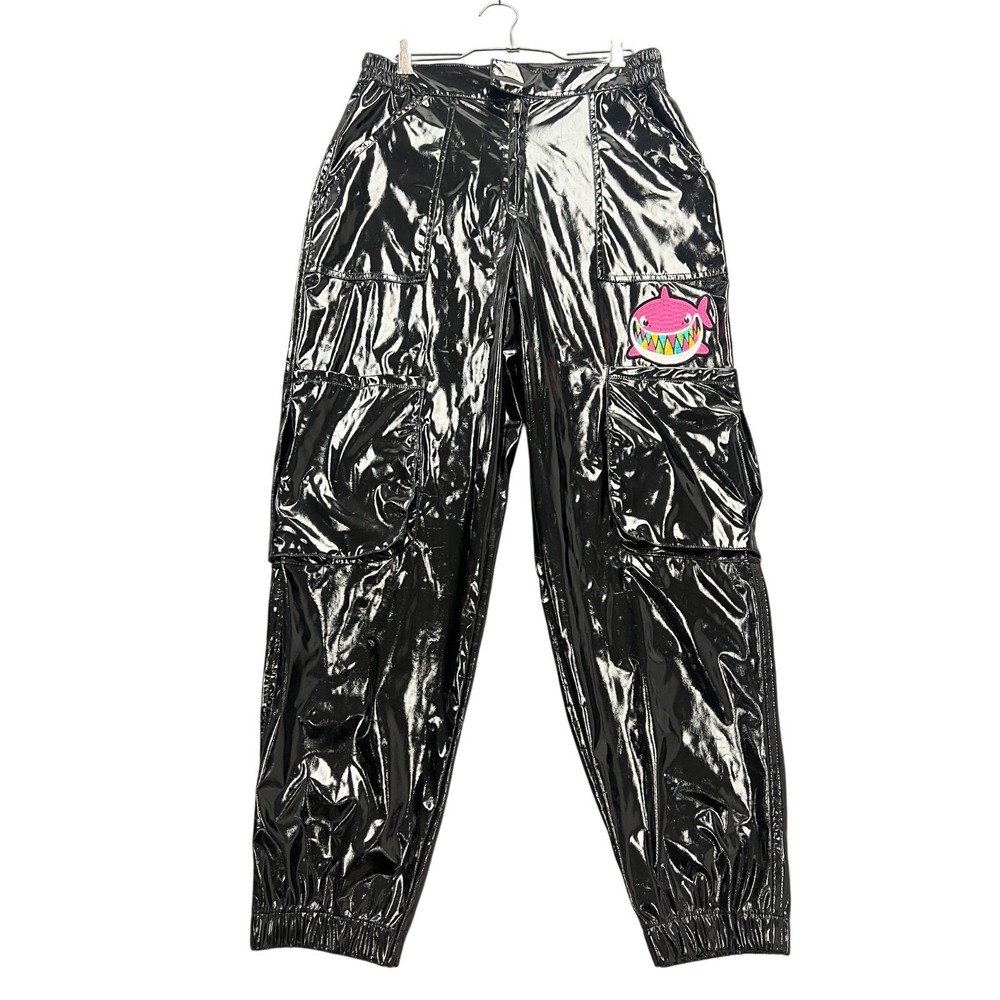 Trollz Jogger Pants Womens Medium Glossy Black Patch Logo Tapered Leg Outdoor